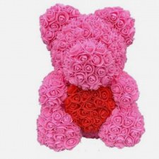 Мишка из роз №17 Розовый с красным сердцем (40 см)