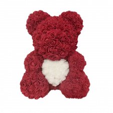Мишка из роз №21 Бордовый с белым сердцем