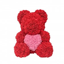 Мишка из роз красный №22 с розовым сердцем