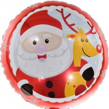 Фольгированный круг № 74 Веселый Дед Мороз с оленем (красный)