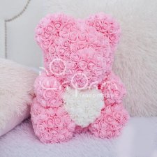 Мишка из роз №3 Розовый с белым сердцем